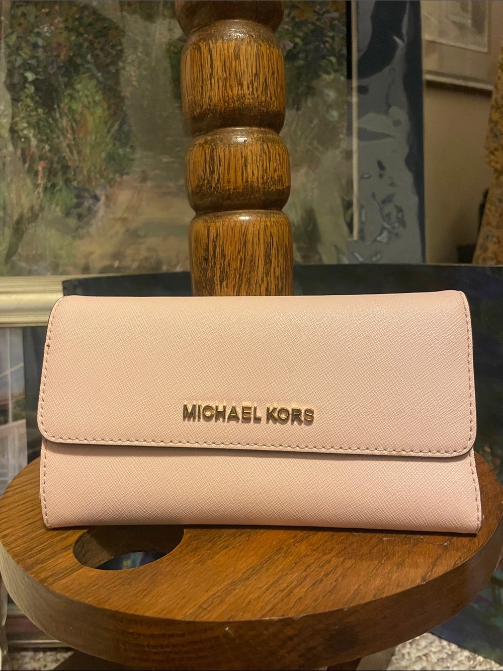 Michael Kors Blush Pink Saffiano Fold-Over Wallet with Gold Logo